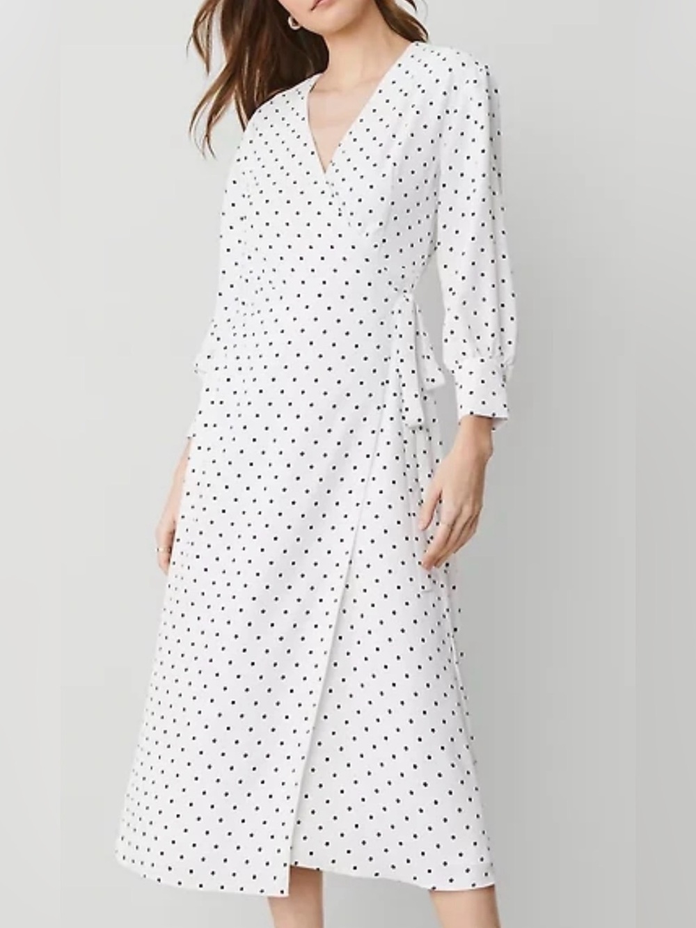 Ann Taylor White Midi Wrap Dress with Black Polka Dots
